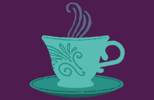 A blue teacup sits in front of a purple background