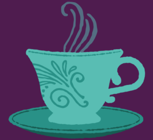 A blue teacup sits in front of a purple background