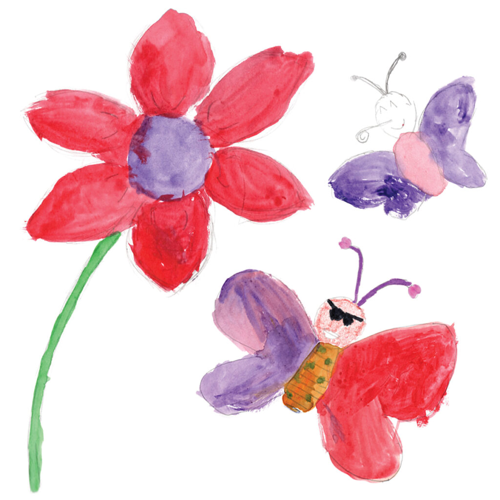 Watercolor flower and butterflies painted by children