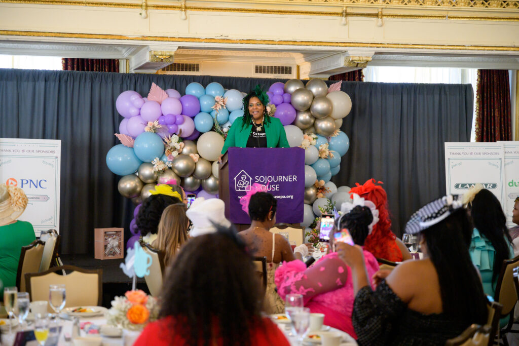 Tammy Thompson addresses the crowd at the 20th Annual Victorian Tea.